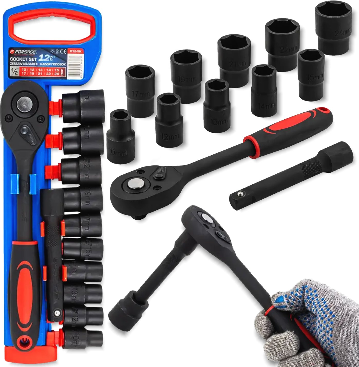 FORSAGE Zestaw NASADEK 1/2" 12 ELEMENTÓW z GRZECHOTKĄ i PRZEDŁUŻKĄ 10-24mm