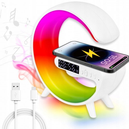 LAMPKA BIURKOWA LED RGB GŁOŚNIK RADIO gamingowa ŁADOWARKA INDUKCYJNA BUDZIK