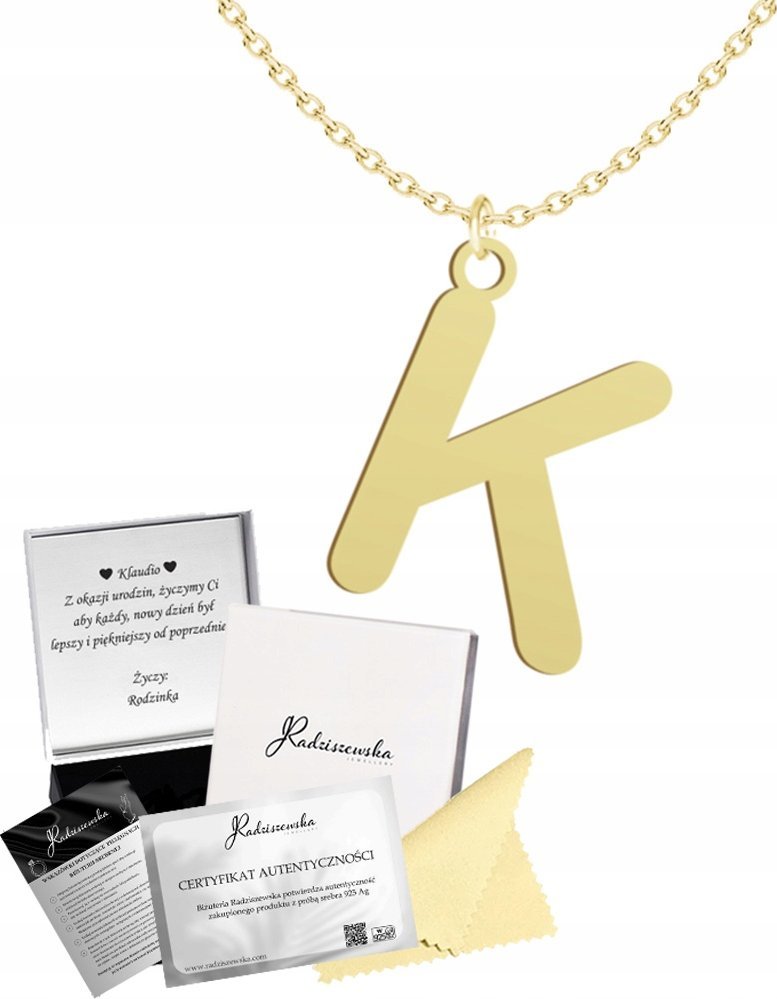 Radziszewska Jewellery ZŁOTY NASZYJNIK Z LITERKĄ K ŁAŃCUSZEK SREBRO 925 PREZENT BIŻUTERIA ŻYCZENIA