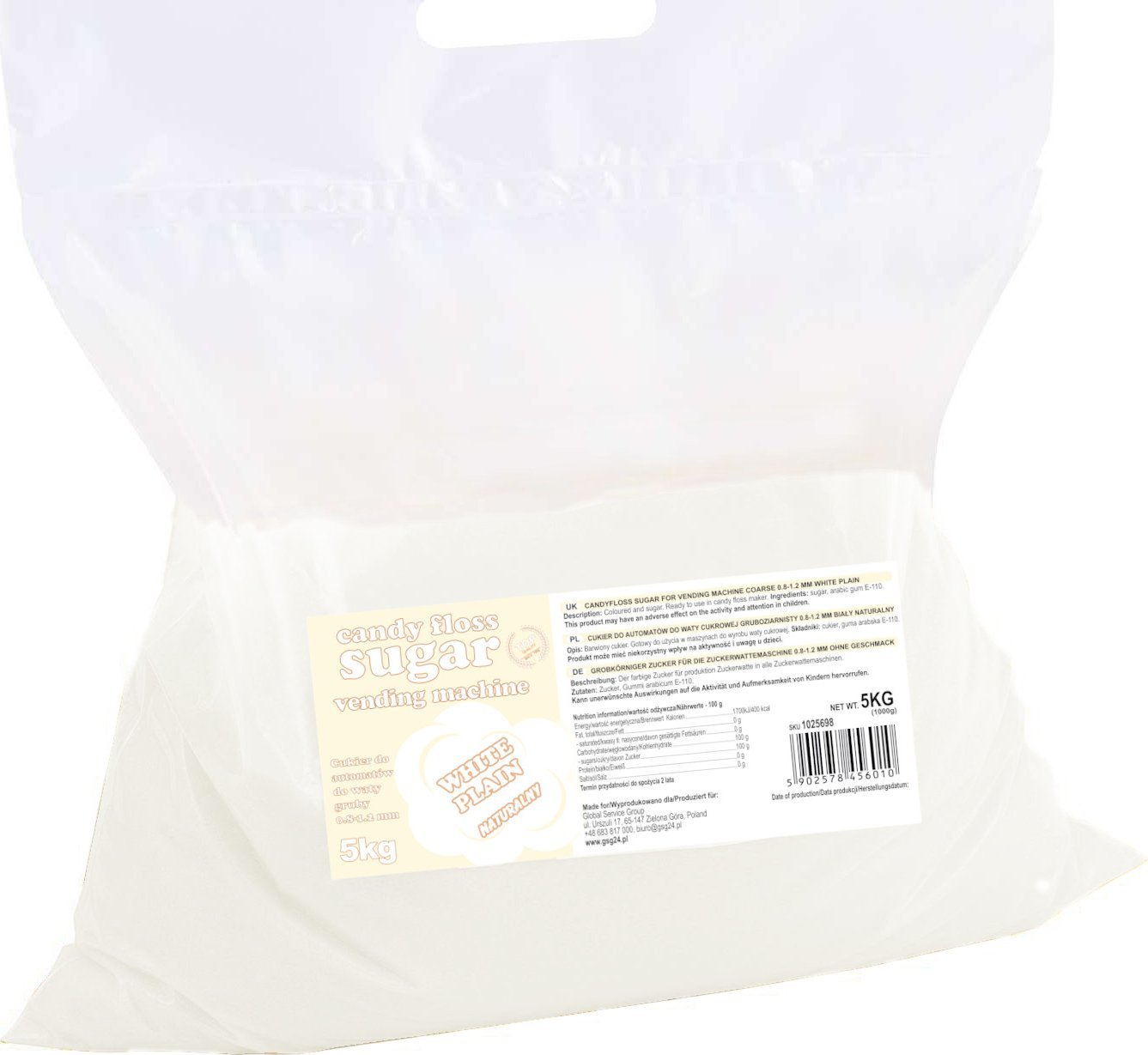 GSG24 Cukier do automatu do waty cukrowej granulacja 0.8-1.2mm smak naturalny BIAŁY 5kg Cukier do automatu do waty cukrowej granulacja 0.8-1.2mm smak
