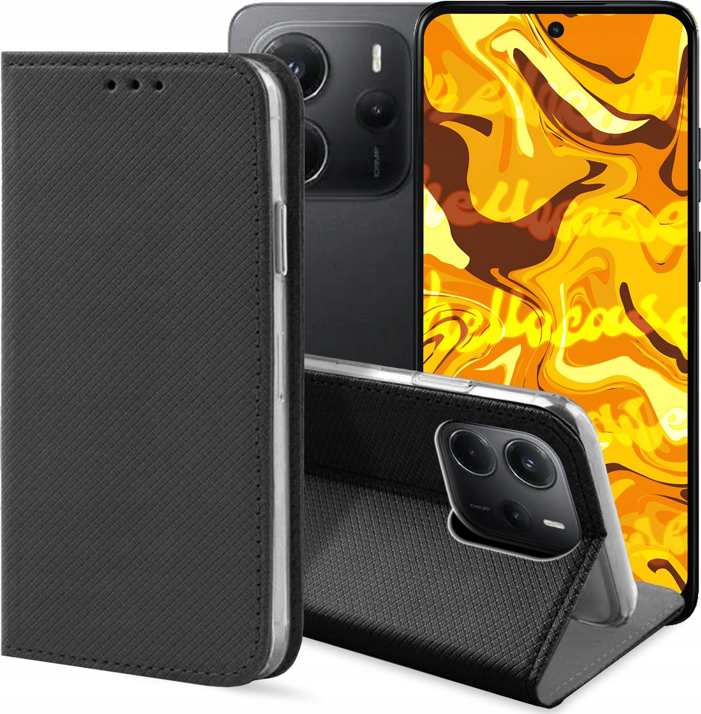 ETUI Z KLAPKĄ DO XIAOMI REDMI NOTE 14 5G CZARNE ZAMYKANE MAGNETYCZNE KABURA