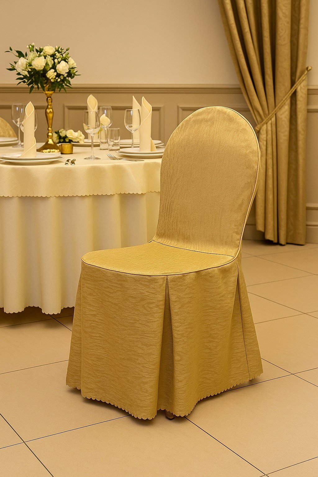 Pokrowiec na krzesło bankietowe z okrągłym oparciem złoty