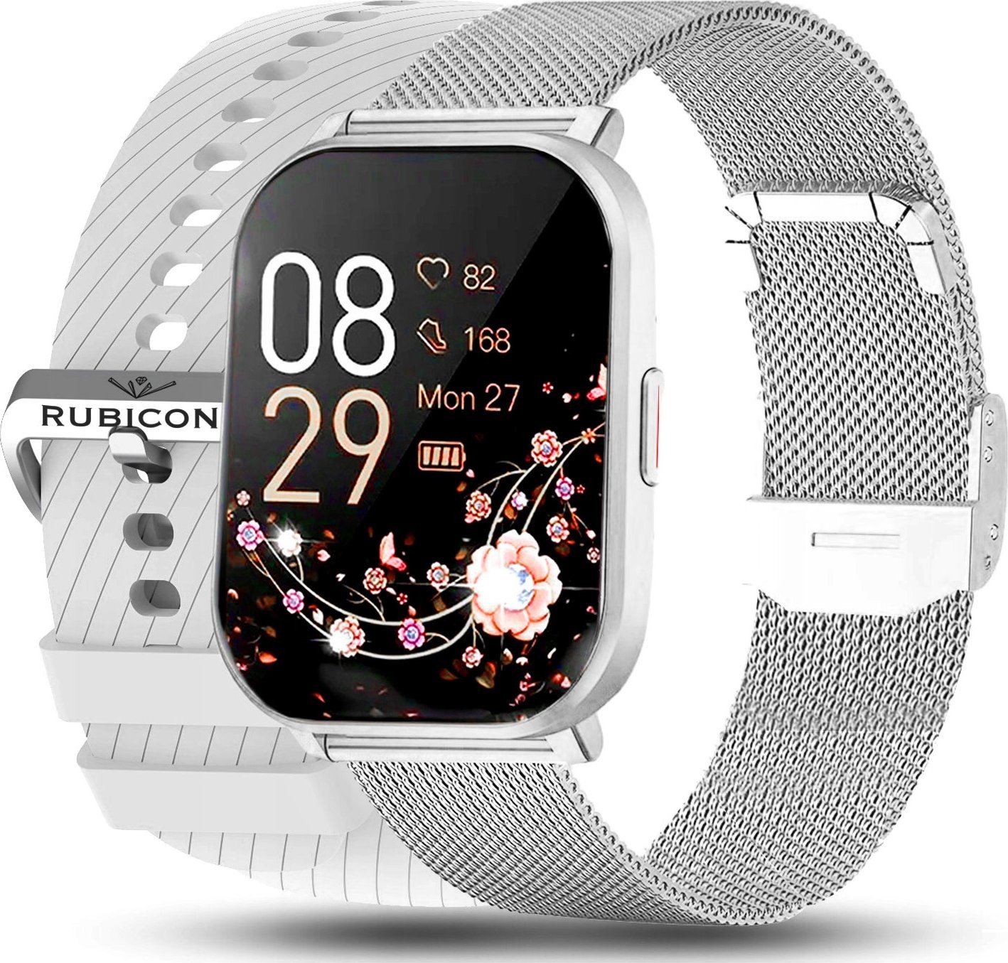 Prostokątny smartwatch srebrny sportowy z dwoma paskami zestaw