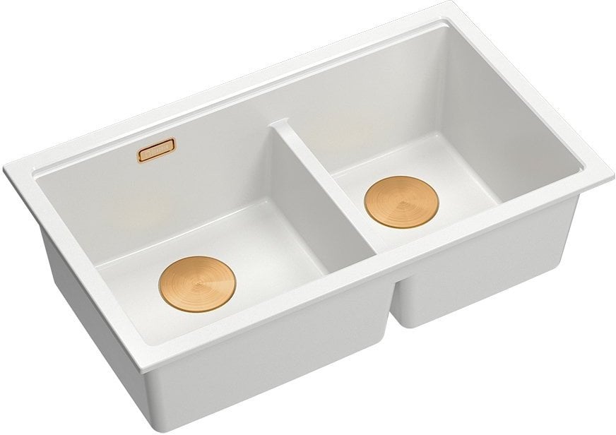 QUADRON | LOGAN 120 | granitowy zlewozmywak kuchenny SNOW WHITE + MIEDŹ PVD | wymiar: 76 x 45 x 23,5 cm | 2-komorowy podwieszany | podbudowa szafki od