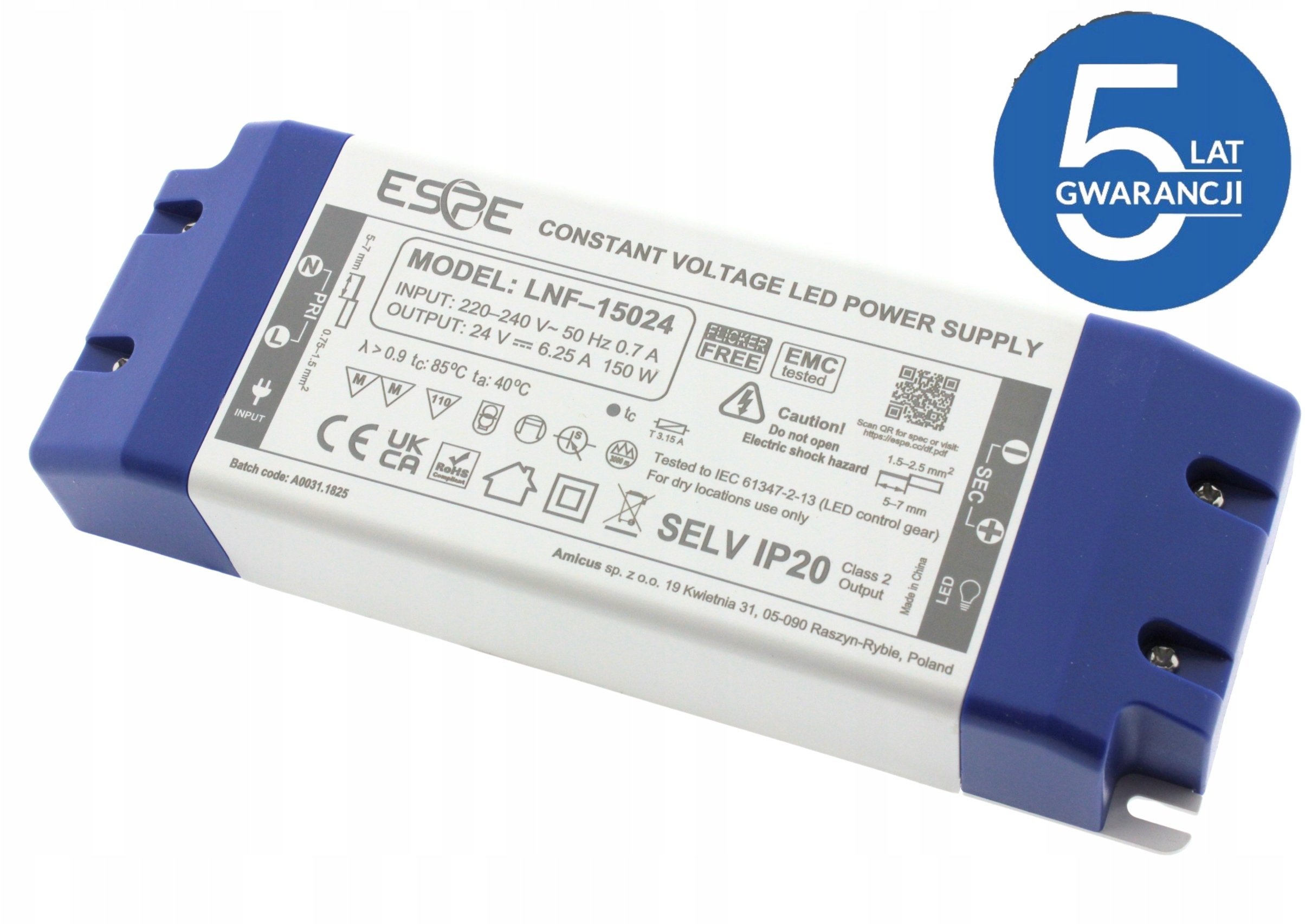 eSPe ZASILACZ IMPULSOWY LED LNF-15024 24V/150W/6.25A IP20