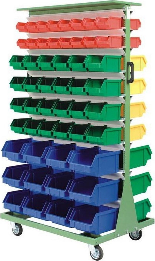 Leomar Wózek do pojemników warsztatowych, dwustronny, jezdny. Wym: 1690x940x675mm 104 pojemniki (pojemniki z pojemnikami)