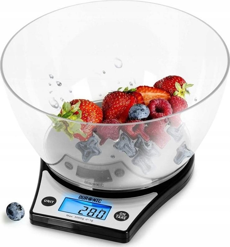 Waga kuchenna Duronic Duronic KS6000 BKCR Elektroniczna waga kuchenna z misą | 5 kg | czarna waga | cyfrowy niebieski wyświetlacz | płaska