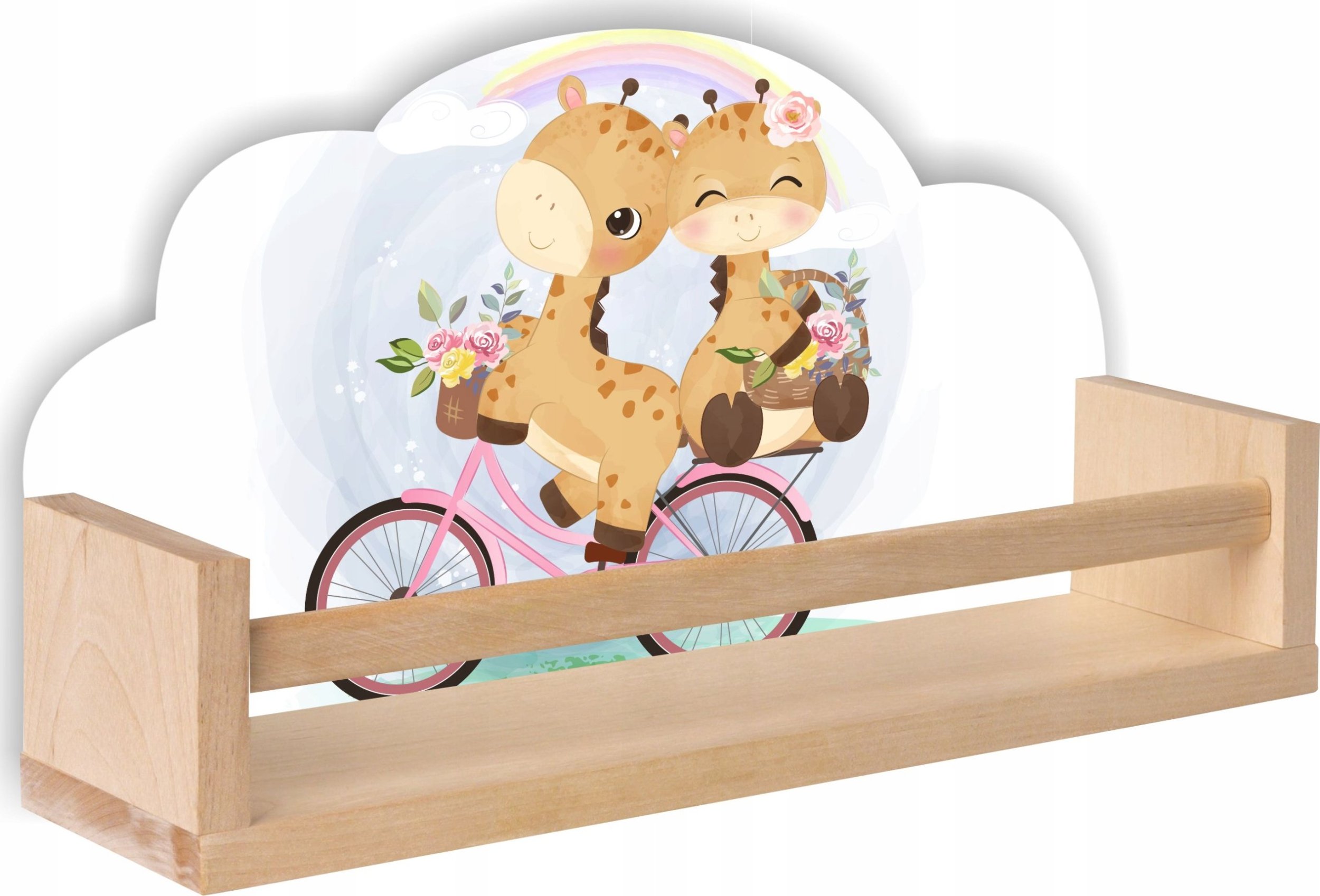 Półka drewniana ŻYRAFA ŻYRAFKI NA ROWERZE chmurka