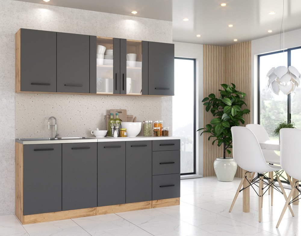 Kuchnia Nowoczesna Z Blatem Mała Rest 2.0m Modułowa Wotan Szary Dąb Wotan