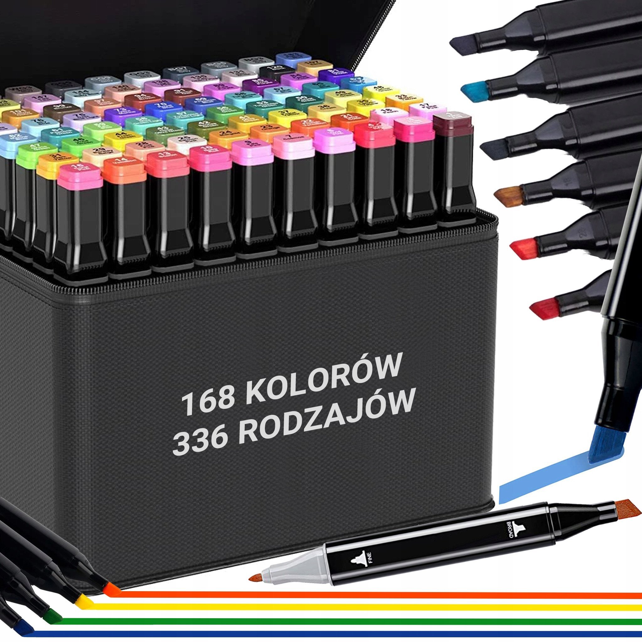 Kolorowe markery , flamastry dwustronne zestaw168szt czarne