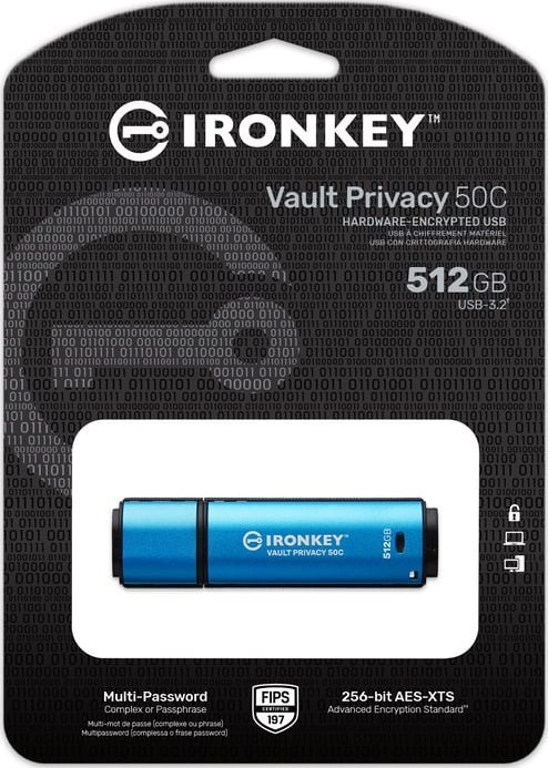 Pendrive Kingston Kingston Technology IronKey Vault Privacy 50 pamięć USB 512 GB USB Type-C 3.2 Gen 1 (3.1 Gen 1) Czarny, Niebieski