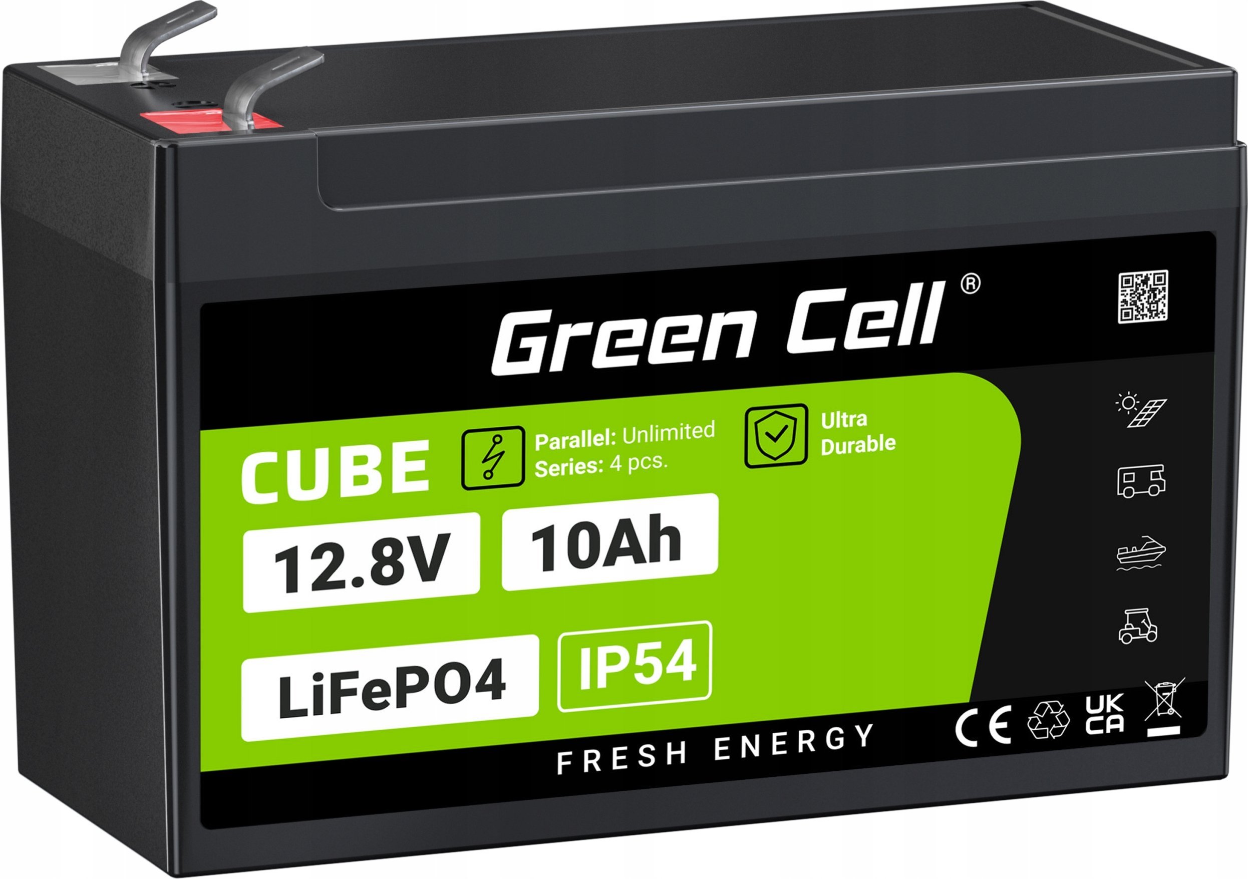 Green Cell CUBE Akumulator LiFePO4 10Ah 12.8V 128Wh Litowo-Żelazowo-Fosforanowy do zasilania i oświetlenia awaryjnego, central