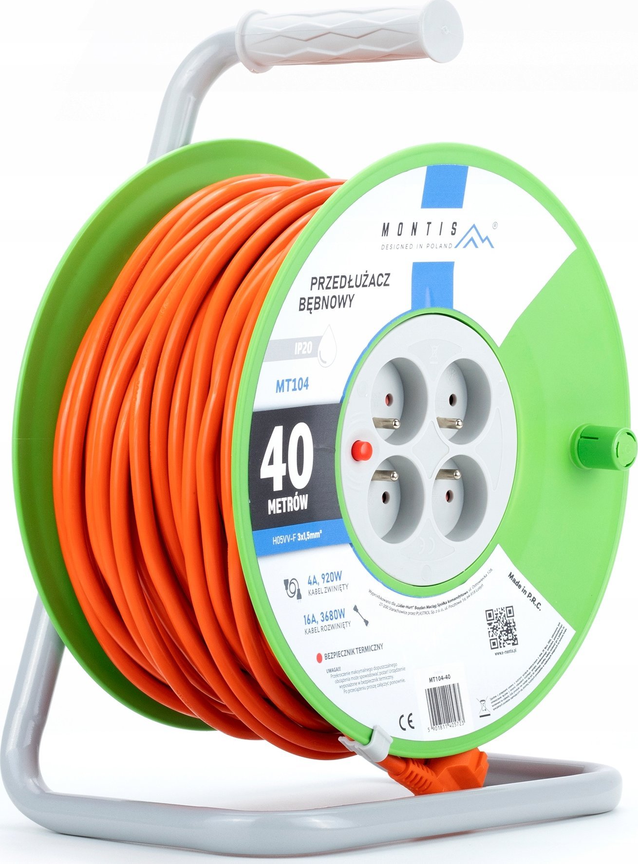 Montis Przedłużacz bębnowy MT104-40 4x2p+Z 16A 3680W 3x1,5 40m Montis pomarańczowy