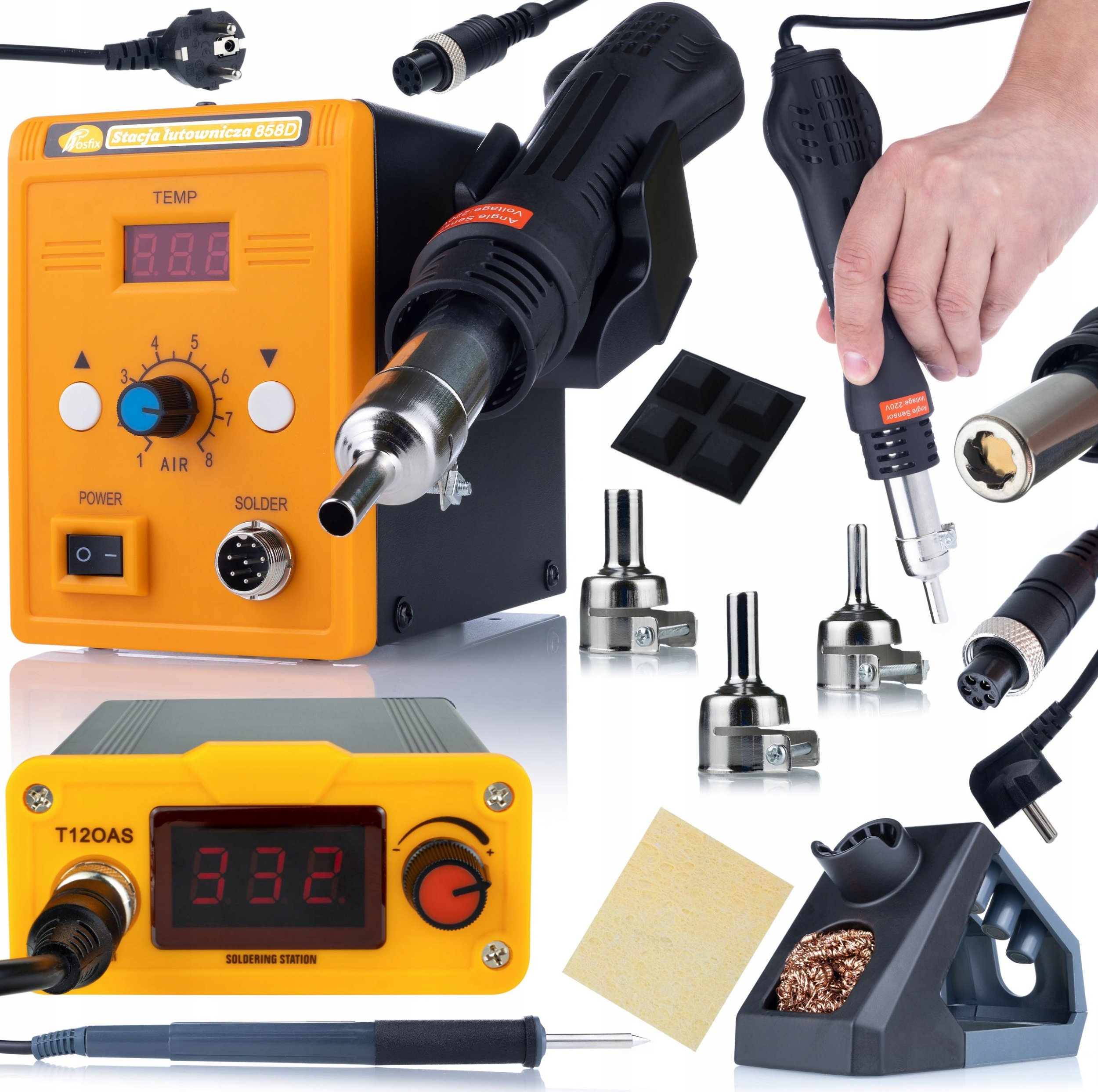 Rosfix ZESTAW STACJA LUTOWNICZA NA GROTY T12 + LUTOWNICA HOT-AIR 858D + 3 DYSZE