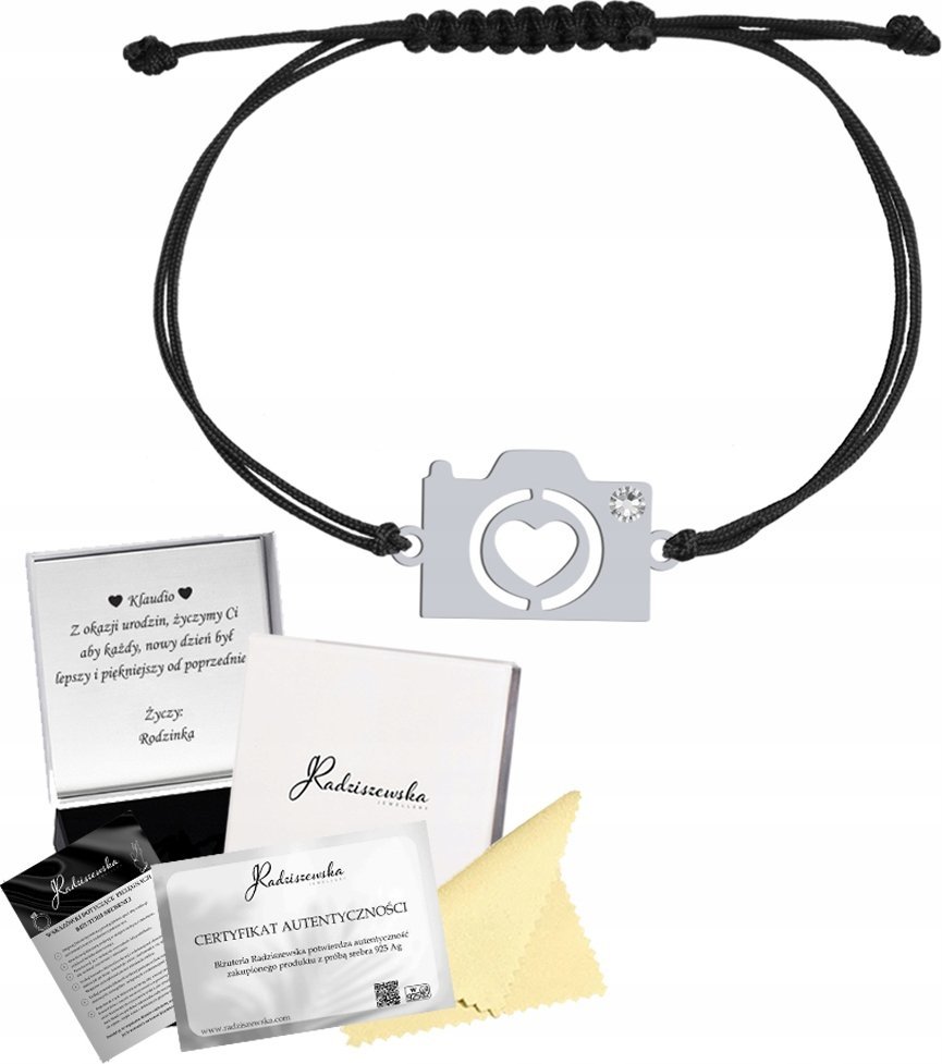 Radziszewska Jewellery Bransoletka Aparat Fotograficzny Sznurek SREBRO 925 Prezent DEDYKACJA GRATI