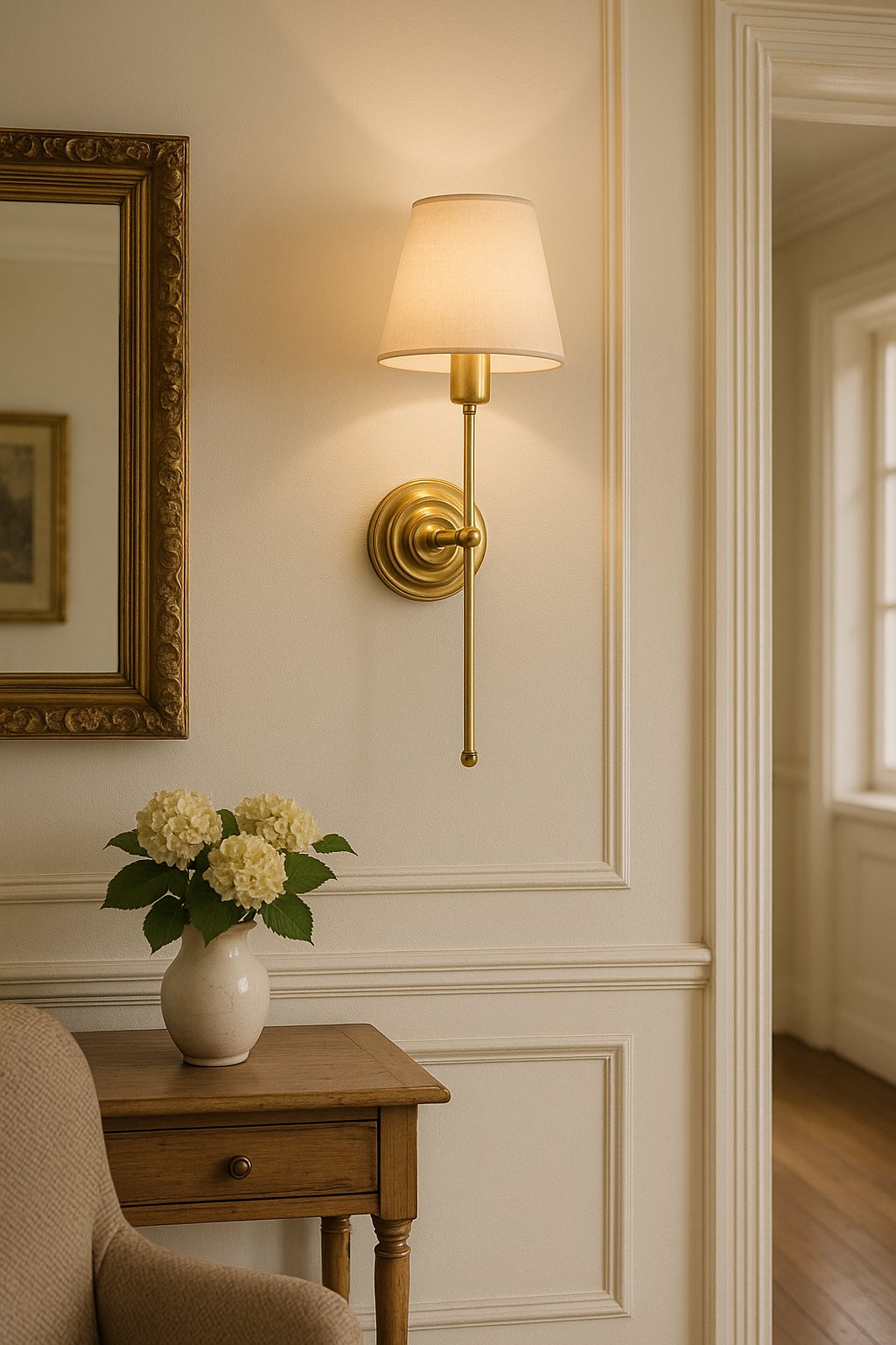 Kinkiet ścienny z mosiądzu z abażurkiem