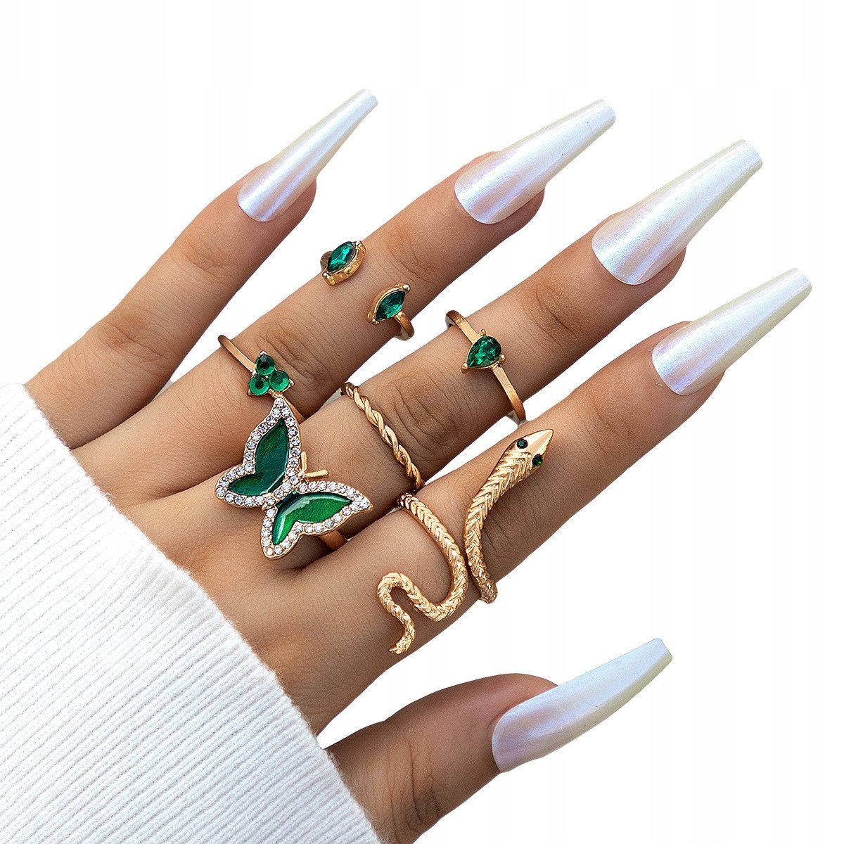 Złoto ZESTAW PIERŚCIONKÓW RETRO PUNK VINTAGE 6 Sztuk WĄŻ MOTYL Zielony