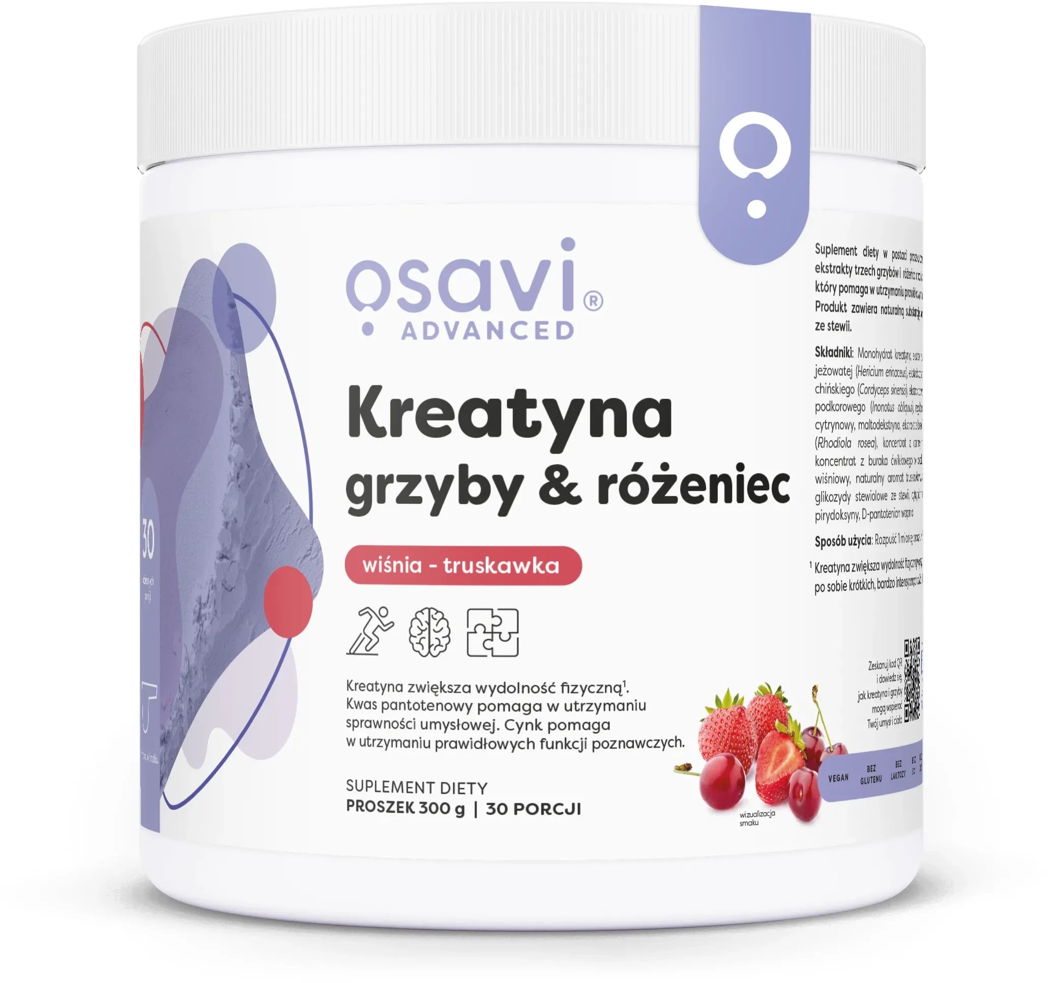 Osavi - Kreatyna, Grzyby & Różeniec, Wiśnia - Truskawka, Proszek, 300g