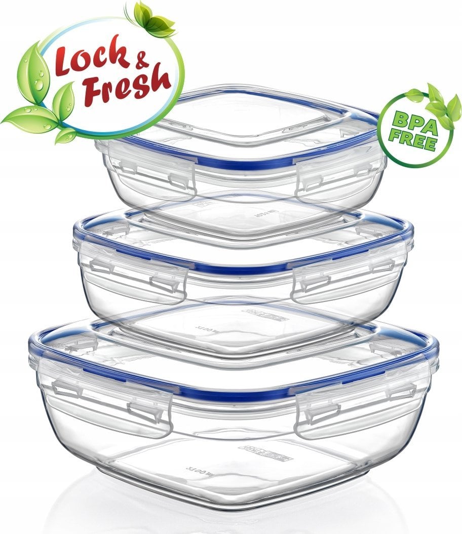 Kpl pojemników do żywności kwadrat 600,1025,1700 ml transparent