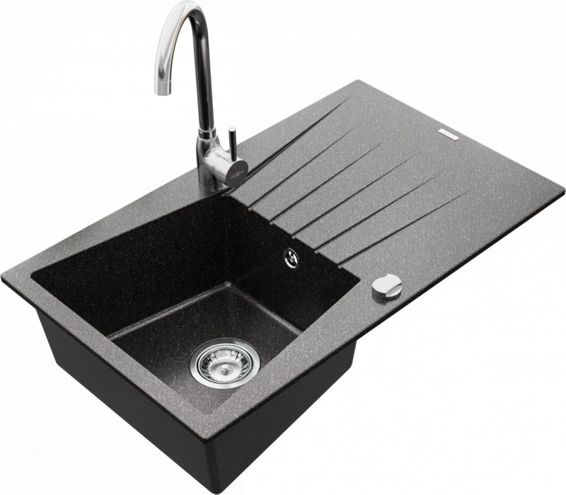 Zlewozmywak Mexen Cesar granitowy 1-komorowy z ociekaczem i baterią kuchenną Telma, czarny nakrapiany - 6514-76-670200-00