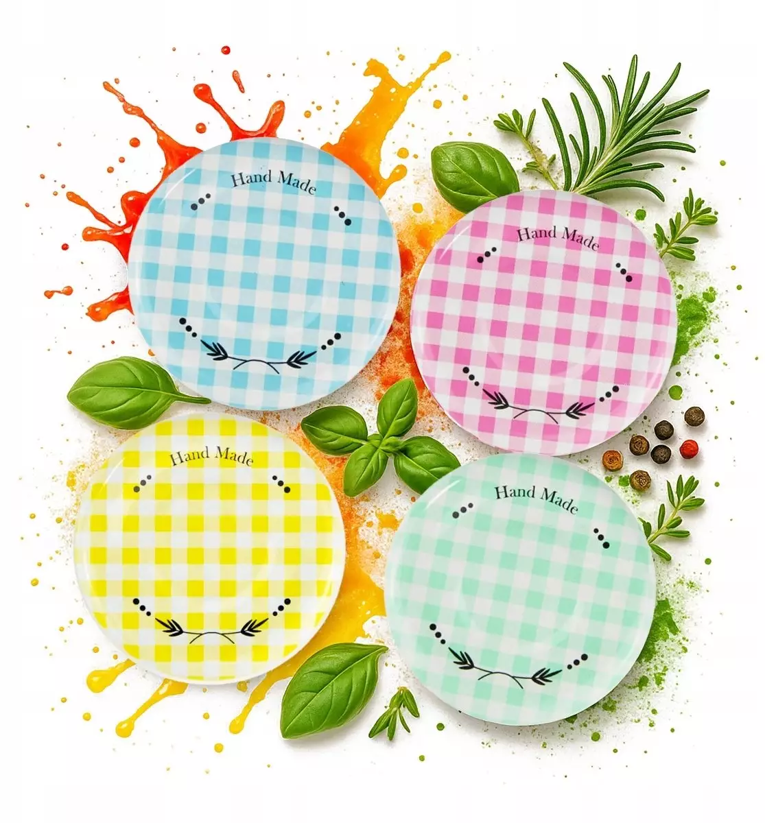 100x WIECZKO Fi 43 Pastelowe Hand Made Zakrętki Na Słoiki Butelki Na Soki