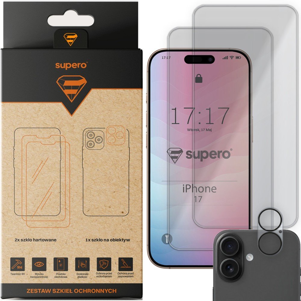 Szkło hartowane Supero do iPhone 17, 2 sztuki + szkło na aparat