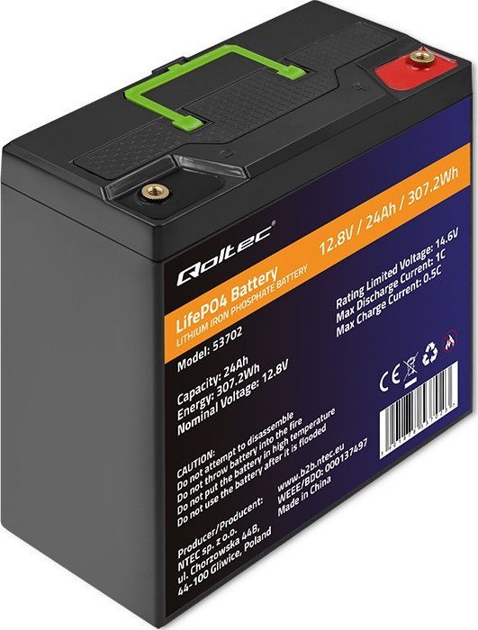 Qoltec Akumulator LiFePO4 Litowo-Żelazowo-Fosforanowy | 12.8V | 24Ah | 307.2Wh | BMS