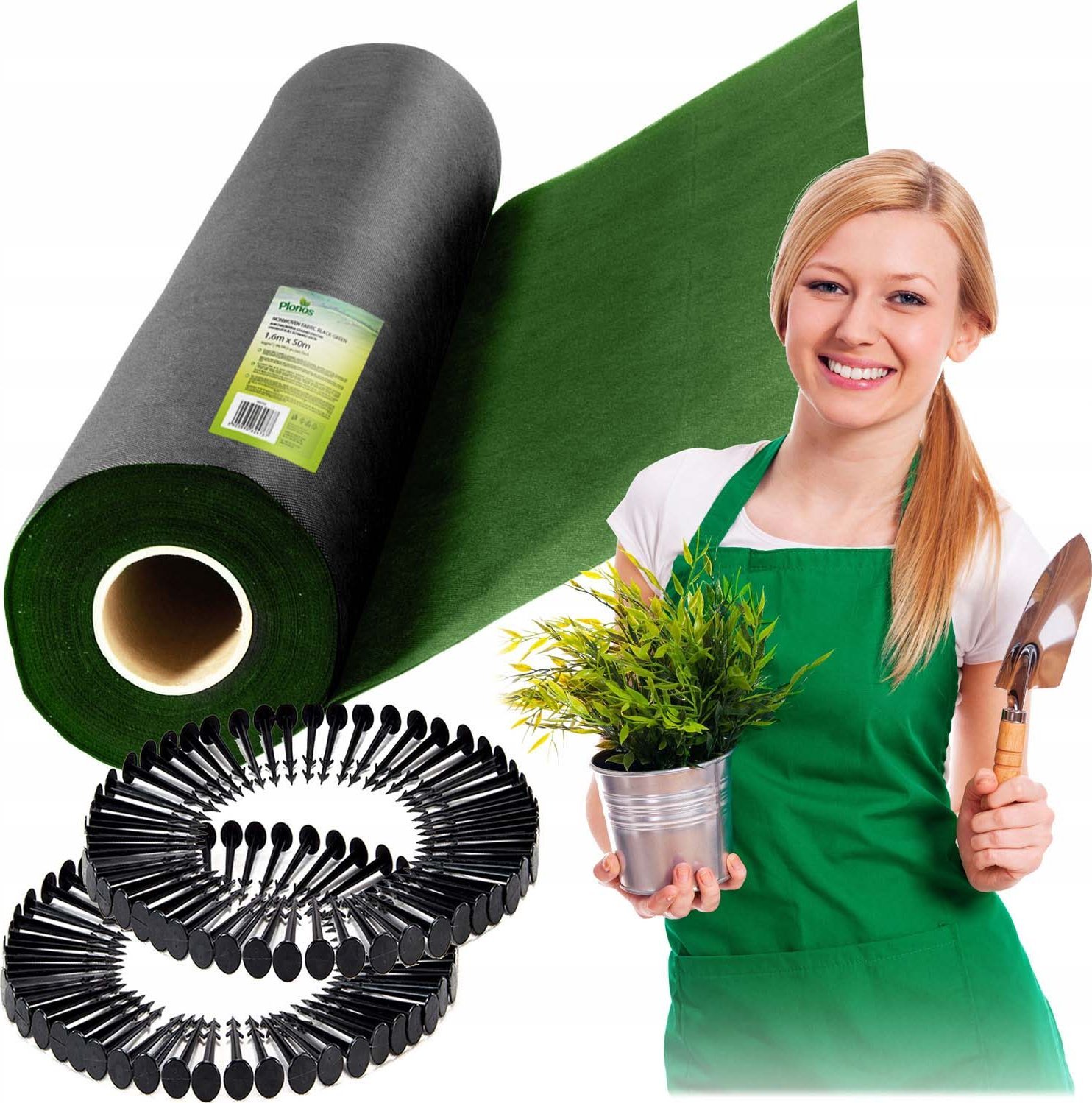 Agrowłóknina ogrodowa 1,6 m x 50 m 90 g/m2 + 100 szpilek Plonos - czarno-zielona