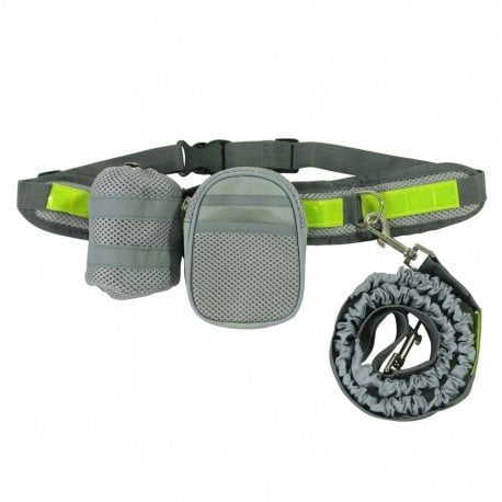 Pas biodrowy do biegania, z amortyzowaną smyczą, szary, M, pasek dł. 80-104cm, saszetka (10x5x13cm), smycz dł.145-200 cm