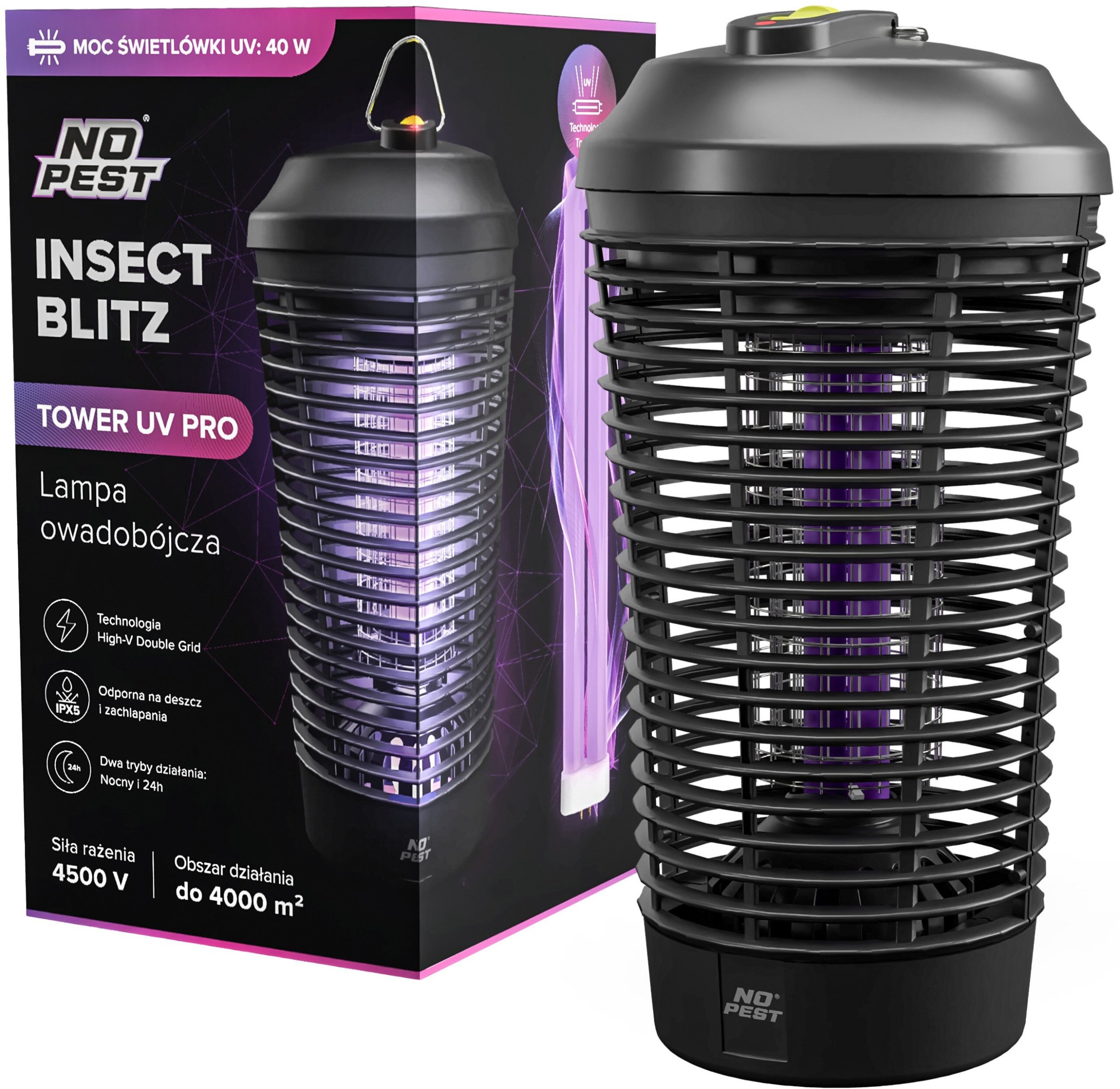 Lampa Owadobójcza UV XXL Lampion Lampa na Komary Muchy Meszki Osy Inne Owady "Insect Blitz Tower UV Pro" 4500V 40W