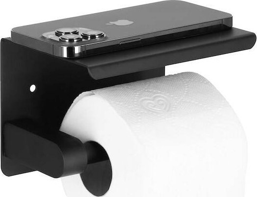 Springos Uchwyt na papier toaletowy stalowy wieszak samoprzylepny z półką czarny UNIWERSALNY
