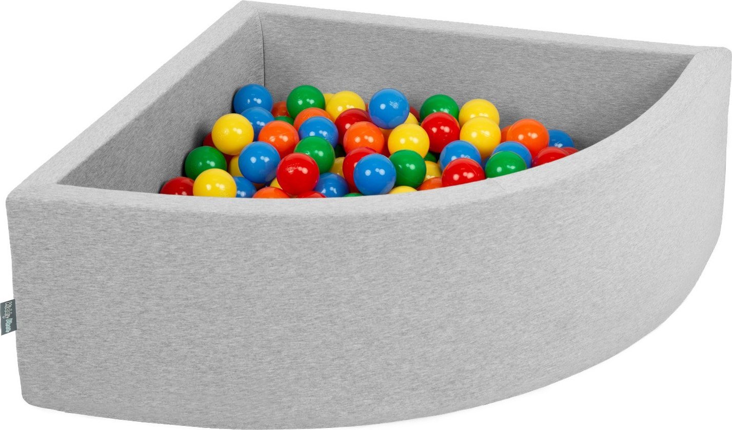 KiddyMoon Suchy basen trójkątny z piłeczkami 7cm jasnoszary: żółty-zielony-niebieski-czerwony-pomarańcz 90x30cm/300piłek Zabawka basen piankowy