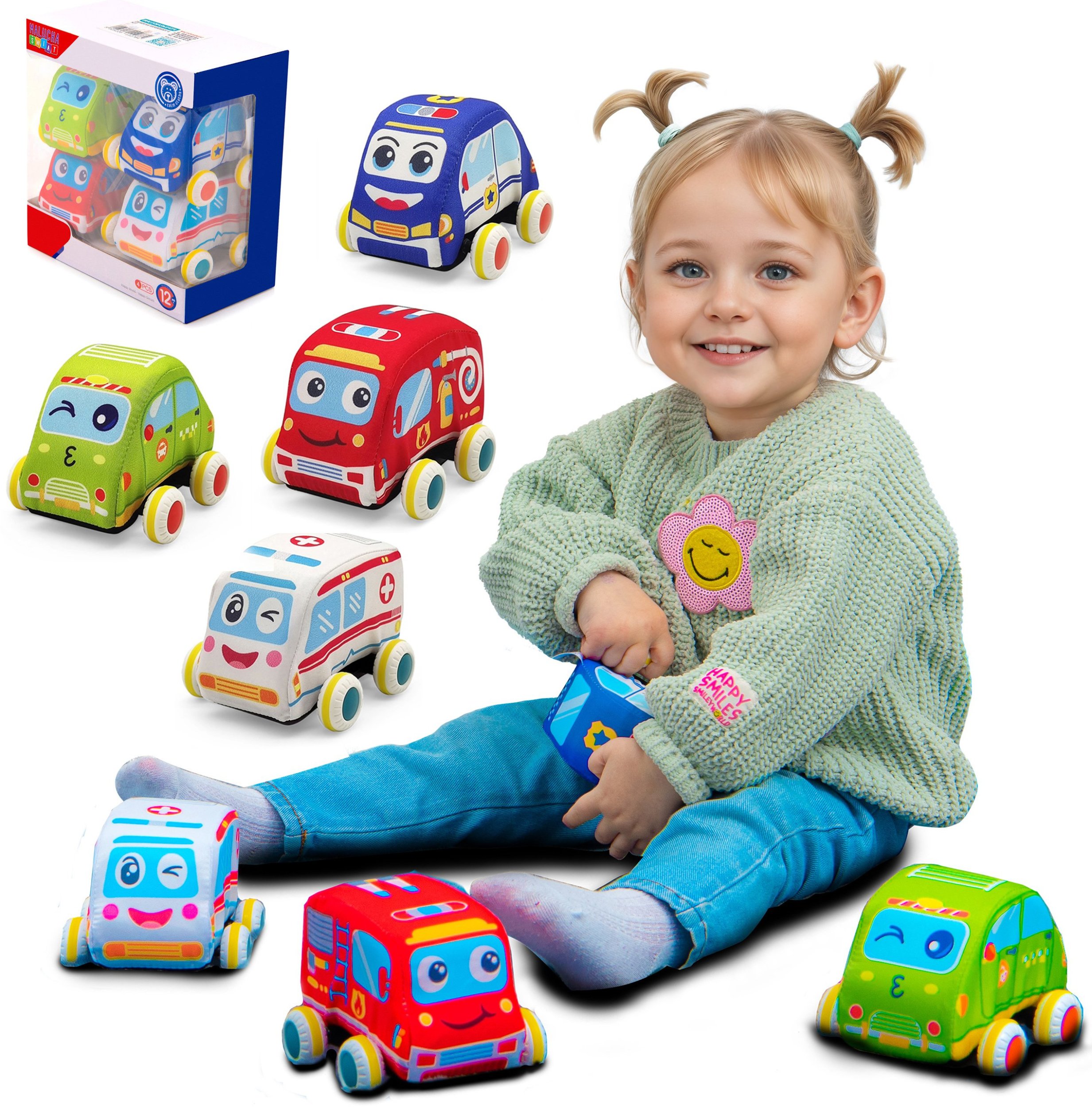 PLUSZOWE MIĘKKIE AUTKA SAMOCHODZIKI Z NAPĘDEM ZESTAW 4 SZTUK