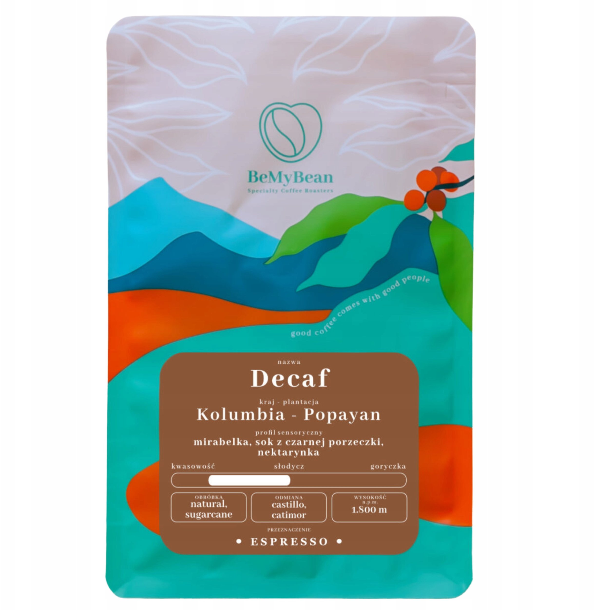 BeMyBean - bezkofeinowa kawa ziarnista Kolumbia Popayan Natural Sugarcane Espresso 250 g