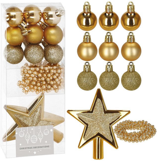 Bombki choinkowe 11 szt. zestaw gwiazda, łańcuch koraliki bombki okrągłe, brokatowe złote UNIWERSALNY