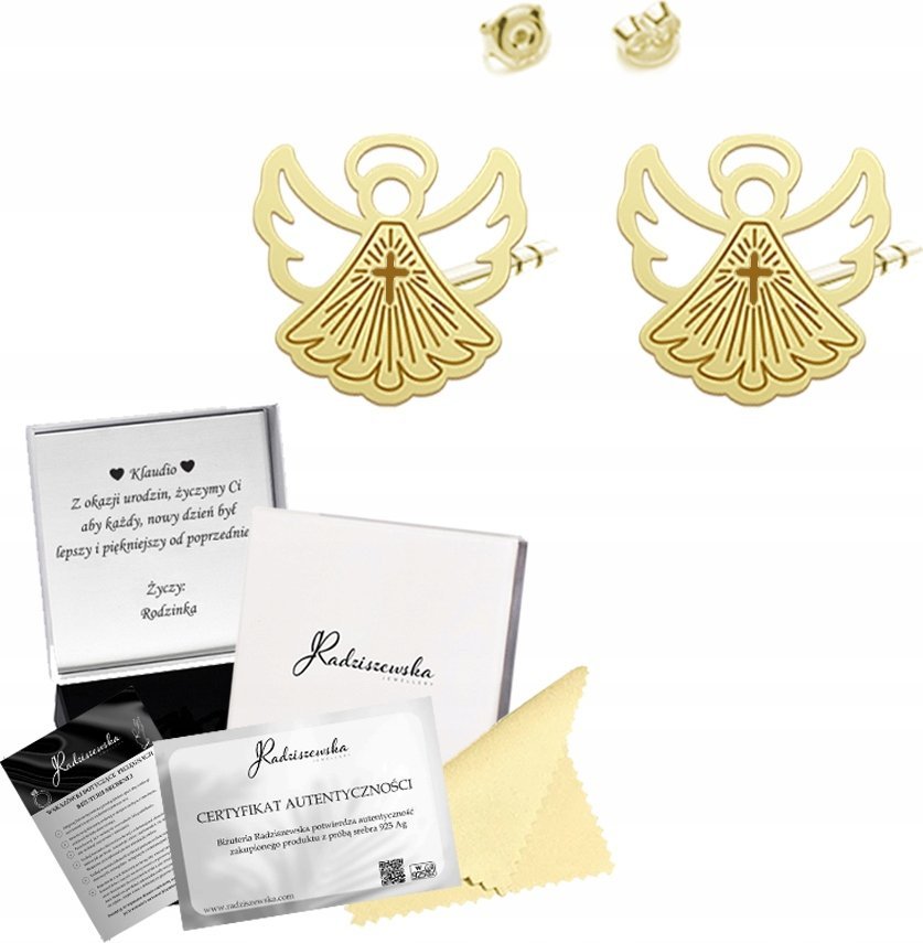 Radziszewska Jewellery Złote Kolczyki z Aniołem Aniołki 925 Prezent I Komunia Święta ŻYCZENIA