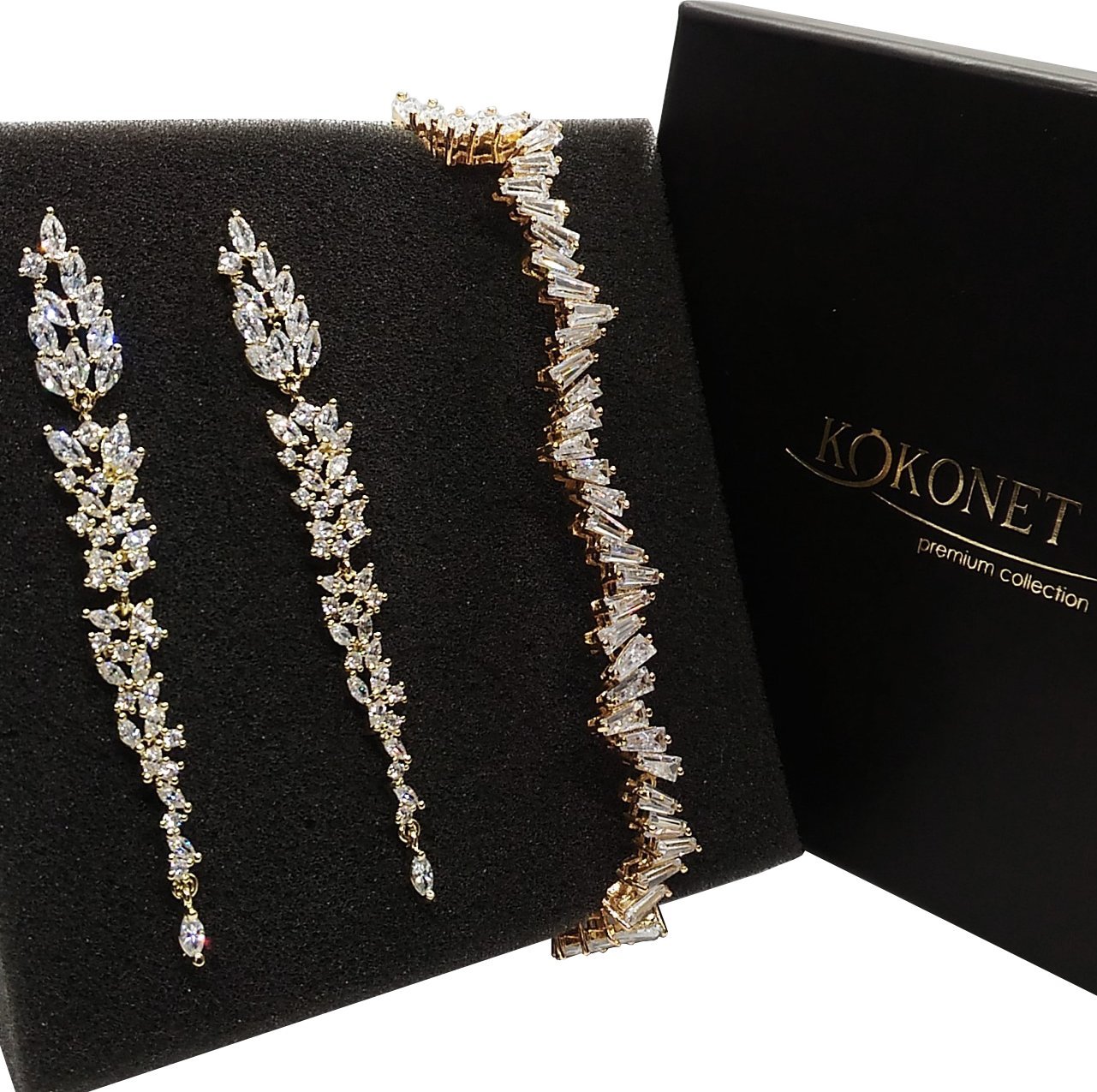 KOKONET Kolczyki lekkie złote pozłacane i bransoletka z listkami błysk kamienie