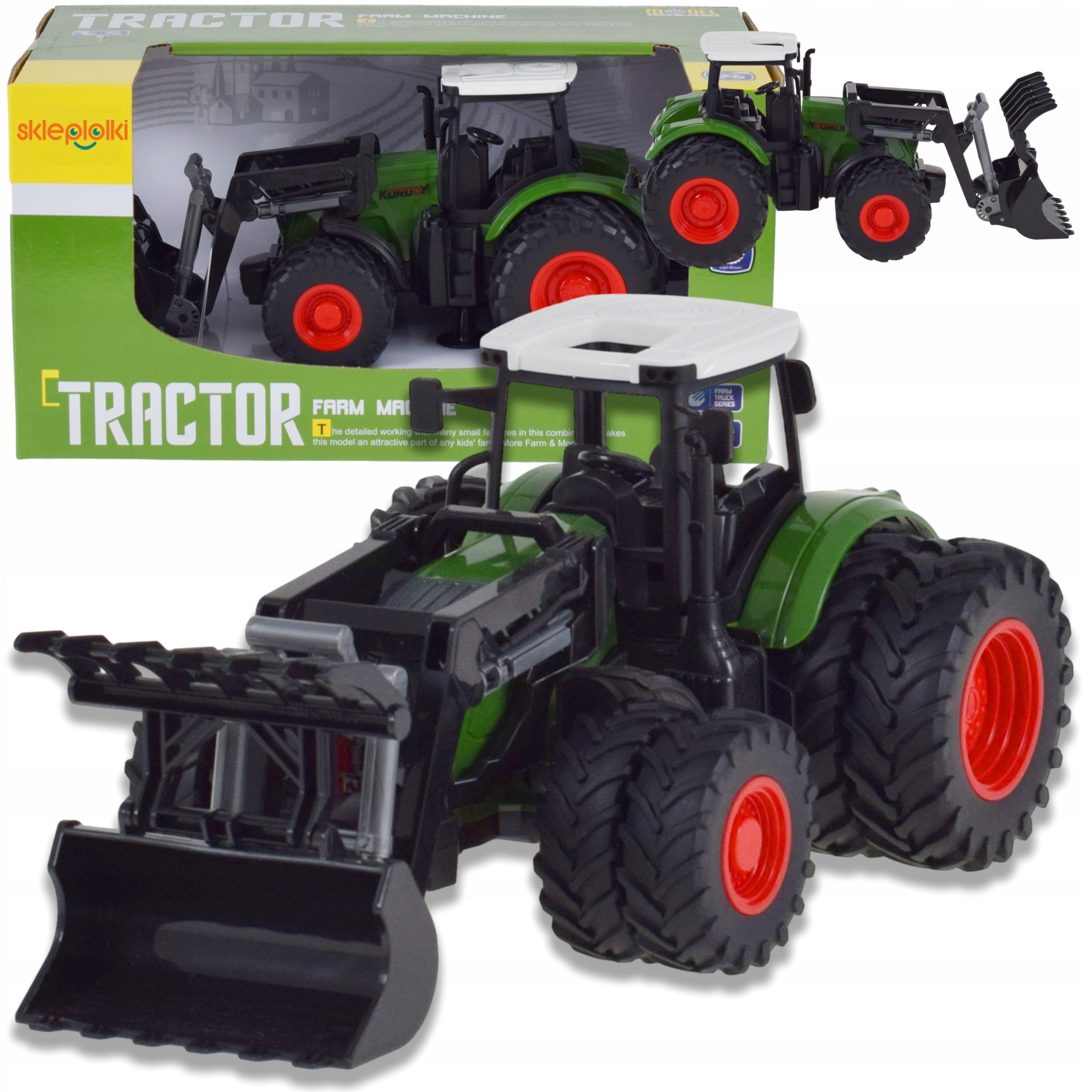 TRAKTOR CIĄGNIK MASZYNA ROLNICZA Z TUREM CHWYTAKIEM FARMER ZABAWKA NAPĘD