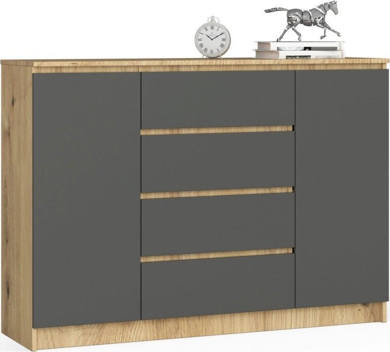Fabryka Mebli Akord Komoda K 140 cm 2 drzwi 4 szuflady - dąb artisan-grafit szary