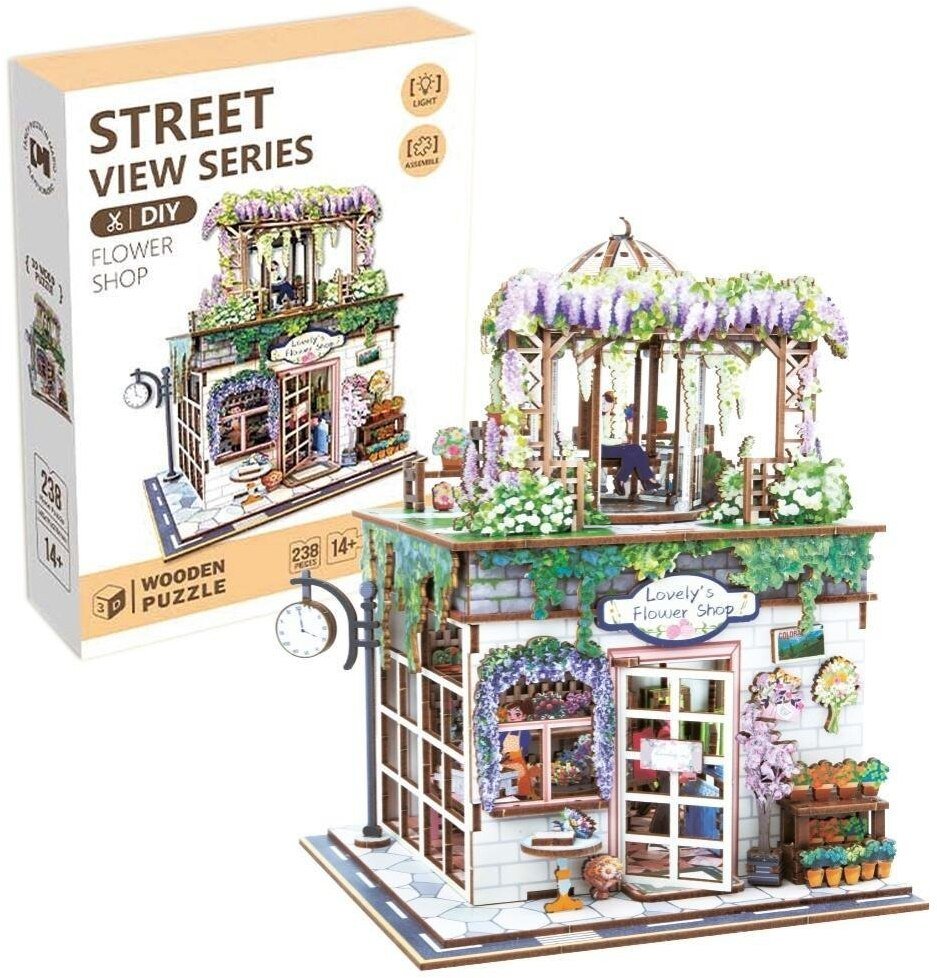 Uliczny zakątek drewniane puzzle 3D kwiaciarnia