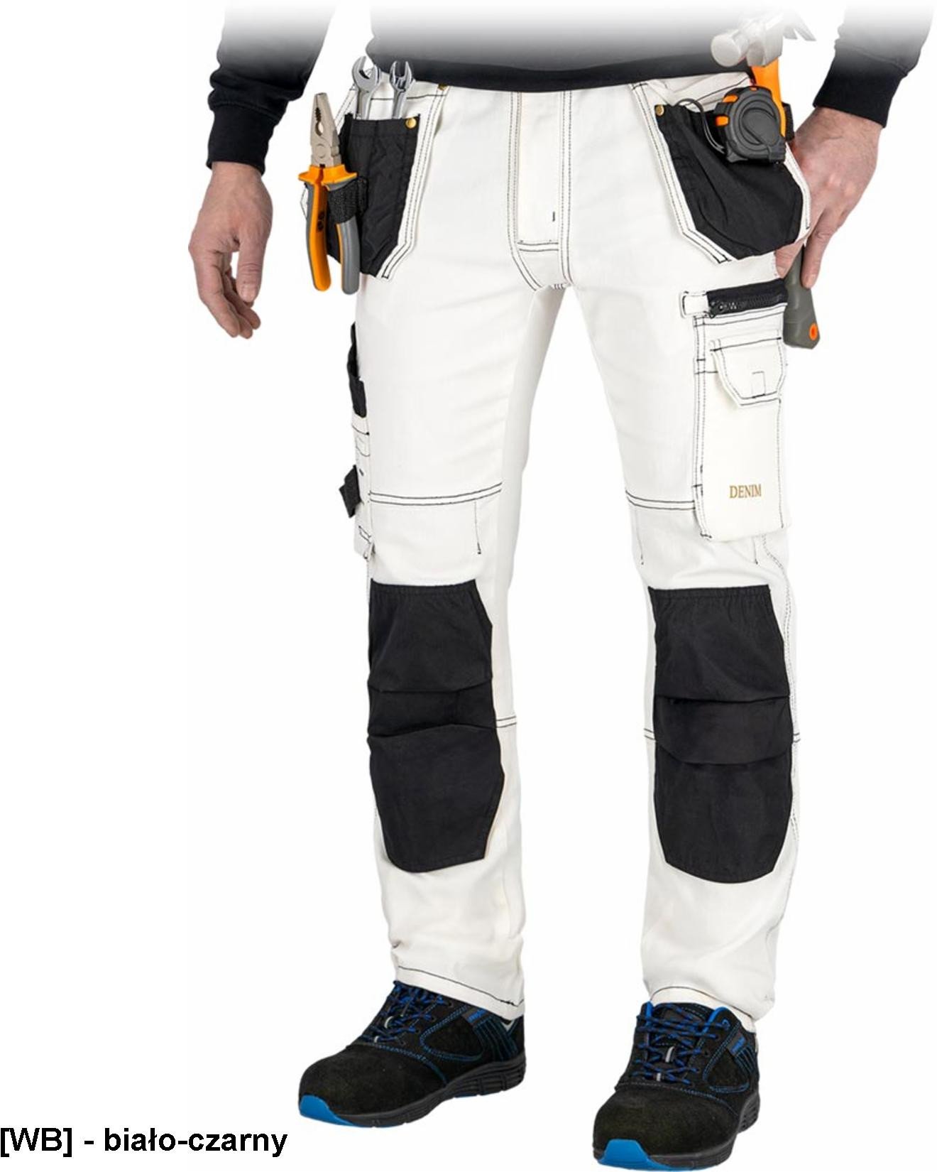 JEANS415-T - Elastyczne jeansowe spodnie ochronne do pasa 8 kieseni pętelki twill 60% bawełna 24% poliester 15% wiskoza 1% - biało-czarny 52