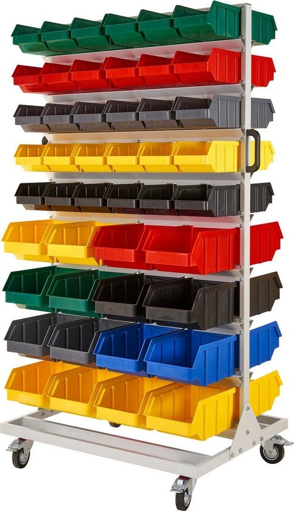 qBox Regał do pojemników warsztatowych, jezdny. Wym: 1740x940x700mm 92 pojemniki (Regał z pojemnikami)