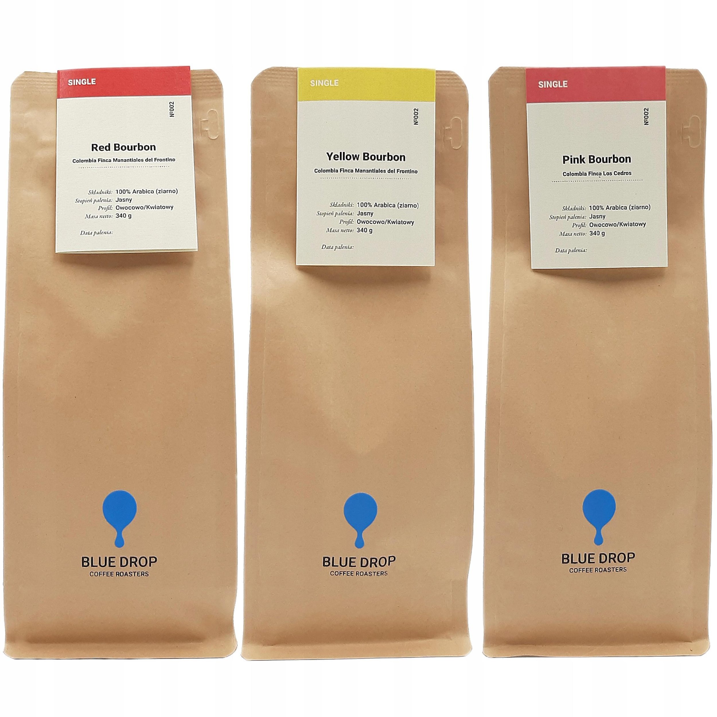 Kawa ziarnista Blue Drop 3 rodzaje Bourbonów RED/PINK/YELLOW