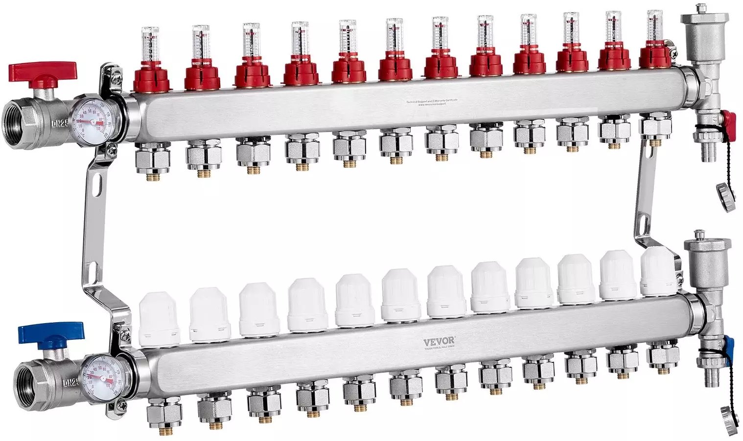 Rozdzielacz ogrzewania podłogowego 12 obw. PEX 1/2 stal z adapterami