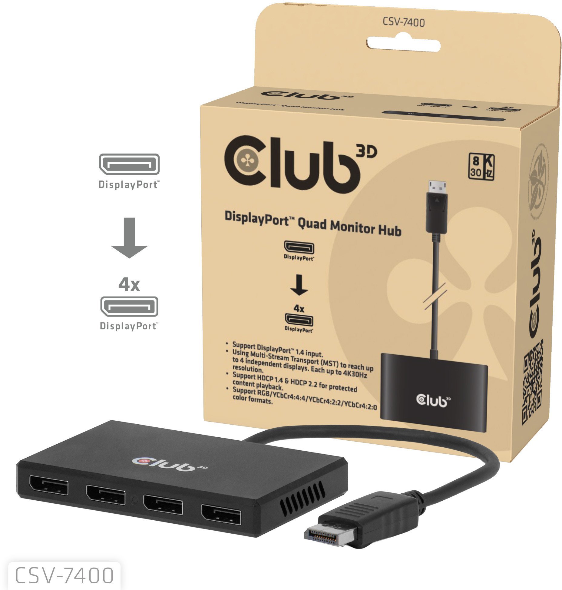 HUB USB Club 3D hub MST (Multi Stream Transport) DisplayPort 1.4 na 4x DisplayPort, Quad monitor, 4x 4K30Hz, 8K30Hz
