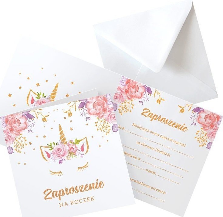 ZAPROSZENIA na Roczek Unicorn Jednorożec 10szt (+koperty)