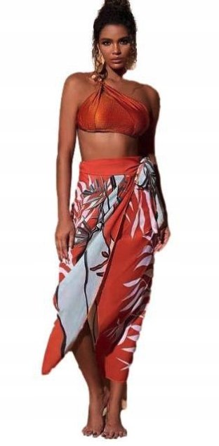 Stylowy zestaw kąpielowy bikini z wysokim stanem i chustą pomarańczowy S