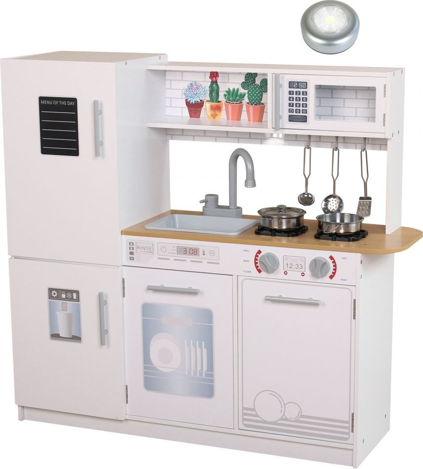 Ecotoys Drewniana kuchnia dla dzieci, światło LED + garnki