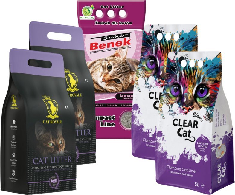 Żwirek dla kota Benek MIX Żwirków Benek, Clear Cat, Cat Royale - Lawenda 25l (5x5l)
