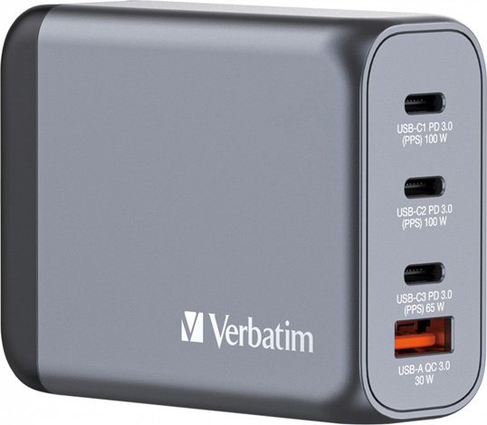 Verbatim Ładowarka GaN Verbatim, USB 3.0, USB C, szara, 100 W, wymienne końcówki C,G,A